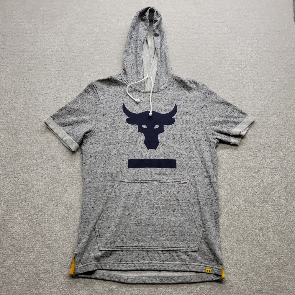 Under Armour Project Rock Mens M Short Sleeve Hoodie Gray Bull Logo Pullover